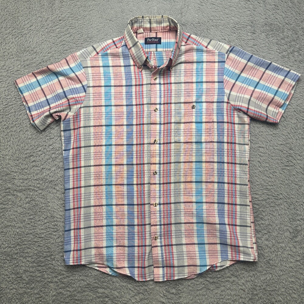 Vintage Par Four Shirt Mens L Spring Plaid Button Pocket USA Made Cotton Poly